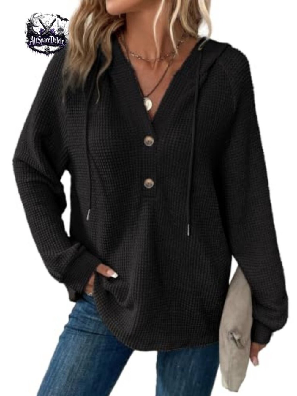 Waffle Knit Button V Neck Oversized Hoodie Sweatshirt